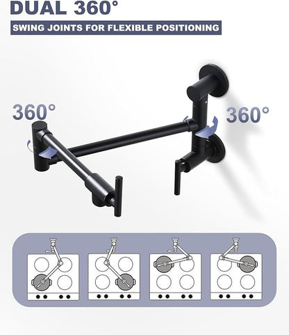 WOWOW Pot Filler Faucet Black: Single Hole Wall Mount Stove Faucet, Brass Pot Filler Two Attachment with Double Joint Swing Arms