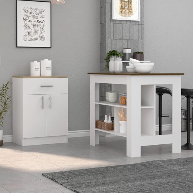 GOWE 2 Piece Kitchen Set, Kitchen Island + Pantry Cabinet, White/Walnut/Light Oak