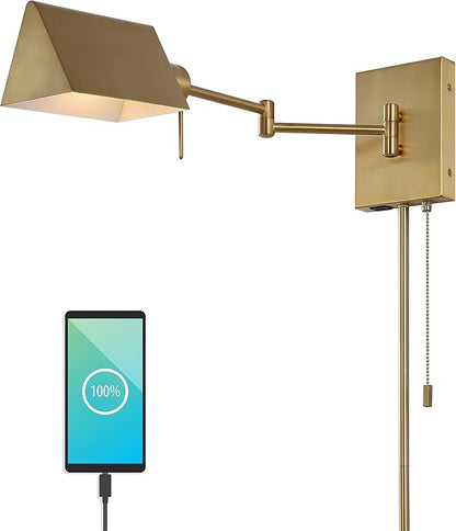 JONATHAN Y 22" Brass Gold Swing Arm Wall Sconce, Plug-in or Hardwired with USB Charging Port and Pull Chain, Iron Shade, Industrial LED Reading Lamp (JYL6015B)