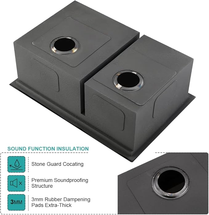 33 Inch Black Undermount Kitchen Sink Double Bowl-iAnomla 33x19 Black Stainless Steel Kitchen Sink Under Mount Workstation Sinks 16 Gauge 60/40 Low Divide Double Sinks with Cutting Board