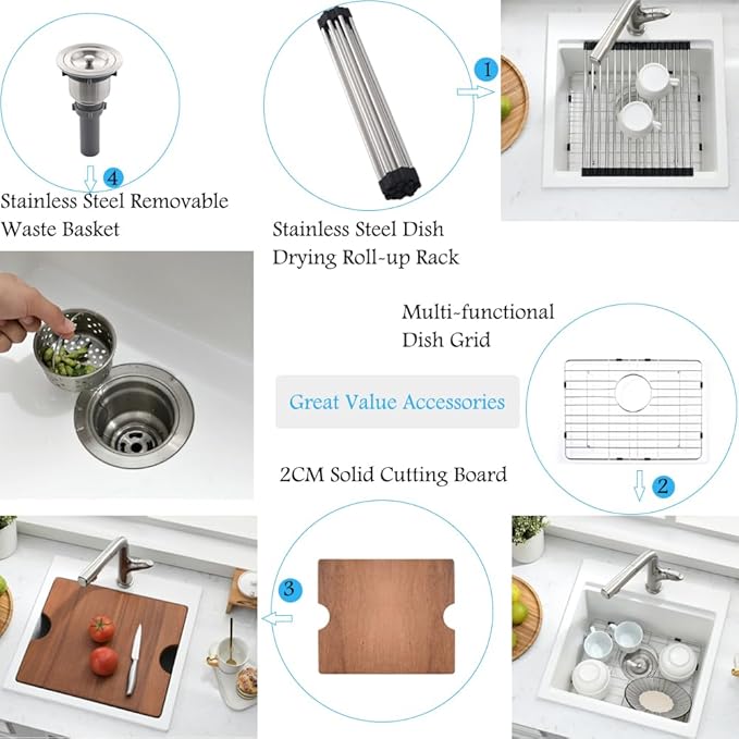 21 Inch White Bar Sink Drop In Quartz-Bokaiya 21x20 White Drop In Kitchen Sink Outdoor Rv Topmount Workstation Single Bowl Wet Bar Sinks with Cutting Board