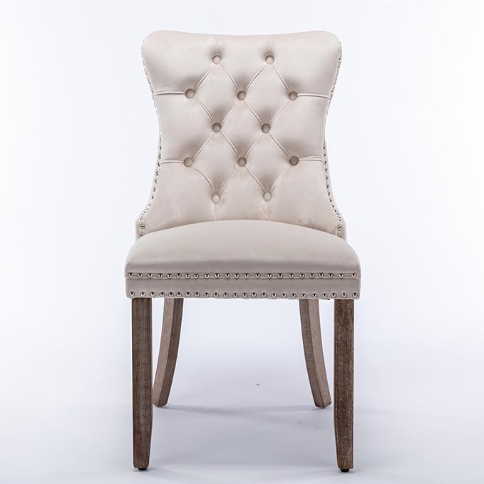 INCLAKE Dining Chairs Set of 2, Velvet Upholstered Dining Room Side Chairs with Button Tufted Back, Nailhead Trim & Wooden Legs, Modern Counter Height Bar Stools for Home Kitchen Island, Beige