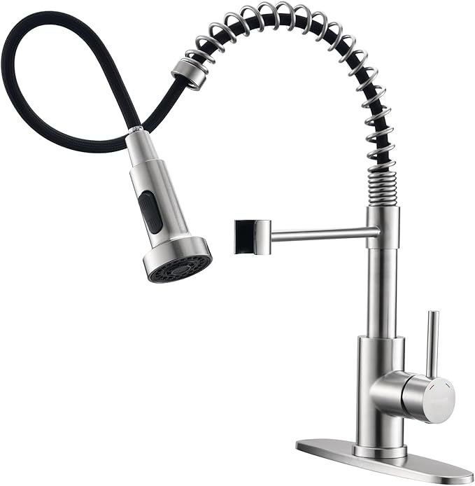Ibergrif Kitchen Faucets with Pull Down Sprayer, Single Handle Pull Out Spring Sink Faucets High Arc Brushed Nickel Stainless Steel 1 or 3 Hole for RV Laundry Farmhouse Bar