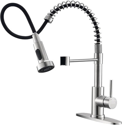 Ibergrif Kitchen Faucets with Pull Down Sprayer, Single Handle Pull Out Spring Sink Faucets High Arc Brushed Nickel Stainless Steel 1 or 3 Hole for RV Laundry Farmhouse Bar