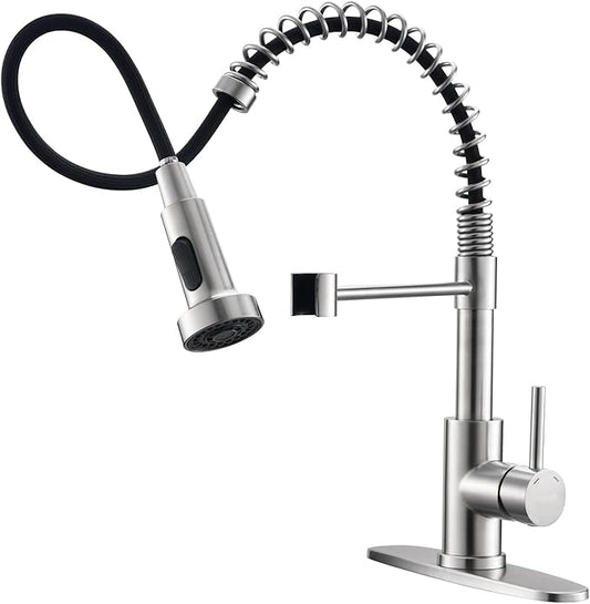 Ibergrif Kitchen Faucets with Pull Down Sprayer, Single Handle Pull Out Spring Sink Faucets High Arc Brushed Nickel Stainless Steel 1 or 3 Hole for RV Laundry Farmhouse Bar