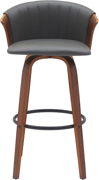 Armen Living Diana 30" Seat Height Mid Century Modern Swivel Walnut Wood Bar Stool for Kitchen Island Counter in Gray Faux Leather