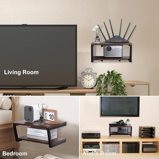 LUCKUP 2 Tier Floating AV Shelves Wall Mounted Projector Shelf Wooden Media Stand with Cable Relief Notch, Entertainment Center Metal Steel Frame