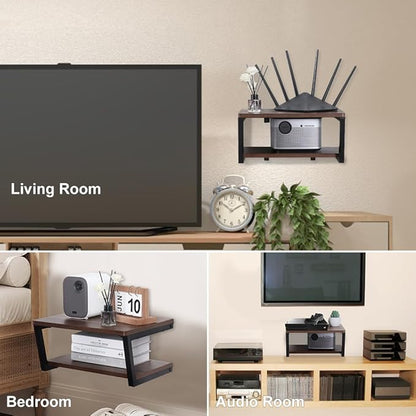 LUCKUP 2 Tier Floating AV Shelves Wall Mounted Projector Shelf Wooden Media Stand with Cable Relief Notch, Entertainment Center Metal Steel Frame