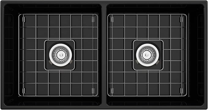 BOCCHI Contempo Farmhouse Apron Front Fireclay 36 in. Double Bowl Kitchen Sink with Protective Bottom Grid and Strainer in Black
