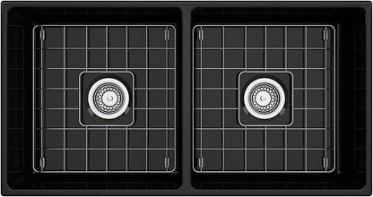 BOCCHI Contempo Farmhouse Apron Front Fireclay 36 in. Double Bowl Kitchen Sink with Protective Bottom Grid and Strainer in Black