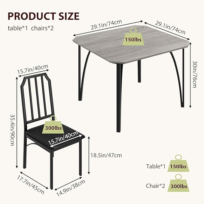 IDEALHOUSE Dining Table Set for 2, Kitchen Table Set of 2 with Upholstered Cushion Chairs, Dining Room Table Set with Kitchen Chairs, Easy to Assemble, Suitable for Apartment - (Gray)