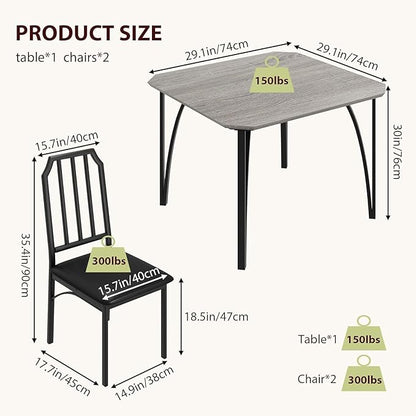 IDEALHOUSE Dining Table Set for 2, Kitchen Table Set of 2 with Upholstered Cushion Chairs, Dining Room Table Set with Kitchen Chairs, Easy to Assemble, Suitable for Apartment - (Gray)