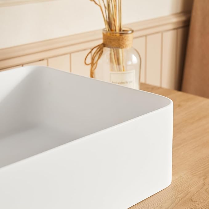 Cpingao Rectangular Vessel Sink, 24" X 16" White Stone Resin Modern Above Counter Bathroom Vanity Vessel Sink