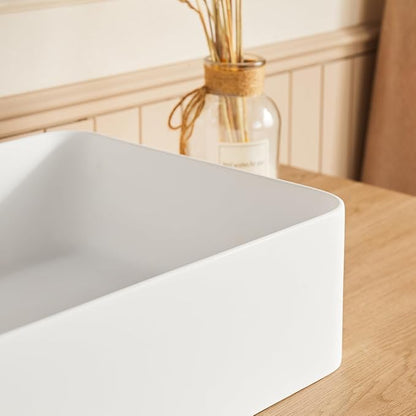 Cpingao Rectangular Vessel Sink, 24" X 16" White Stone Resin Modern Above Counter Bathroom Vanity Vessel Sink