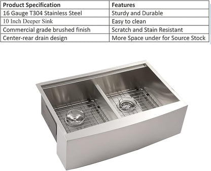 Sarlai 33 Farmhouse Sink Double Bowl - 33x22 Inch Farm Kitchen Sink Ledge Workstation Low Divide Two Basin 50/50 16 Gauge Stainless Steel Apron Front Farmer Sinks with Accessories