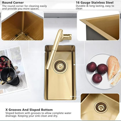 Gold Bar Sink Undermount-VASOYO 10x18 Small Kitchen Sink Undermount Outdoor Rv Sinks 16 Gauge Gold Stainless Steel Single Bowl Deep Wet Bar Sinks with Accessories