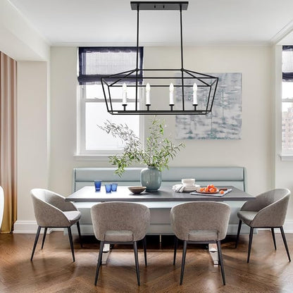 BONLICHT Modern Linear Chandelier Black 4 Light Industrial Kitchen Island Pendant Light Fixtures Ceiling Hanging with Metal Cage Shade, White Farmhouse Chandelier Dining Room Lighting Over Table