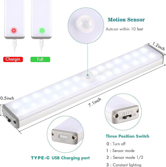 LED Closet Light Motion Activated,28LED Type-C Under Cabinet Lights, Homelife Motion Sensor LED Lights, Stick-on Anywhere Battery Operated Motion Sensor Night Light for Closet Hallway Stairway Lamp