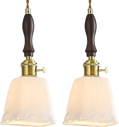 Mini Pendant Light Milky White Glass Pendant Lights Vintage Brass Pendant Lighting Kitchen Island Hanging Lamp with Wood Handle for Bedroom Dining Room (2 Pack)