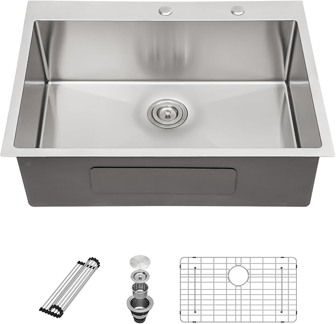 Sarlai 30 Kitchen Sink Drop In - 30 x 22 Inch Topmount Kitchen Sink Stainless Steel 16 Gauge Deep Single Bowl Over Counter Kitchen Sinks Basin