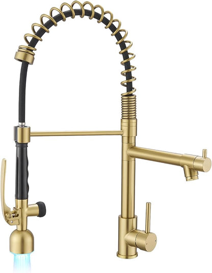 Fapully Single Handle High Arc Brushed Gold Pull Down Kitchen Faucet LED,Single Level Kitchen Sink Faucets with Pull Down Sprayer