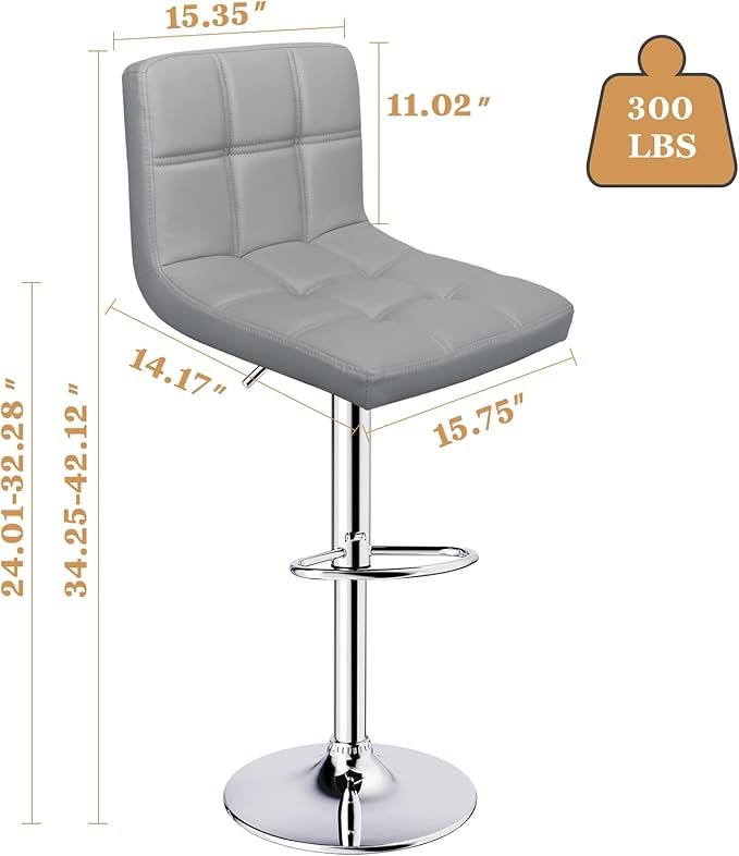 ERGOSEAT Bar Stools Set of 2,Armless Adjustable Swivel Barstools with Back,6-Squares Double Needle PU Leather Counter Height Bar Stools for Kitchen Island,Light Gray