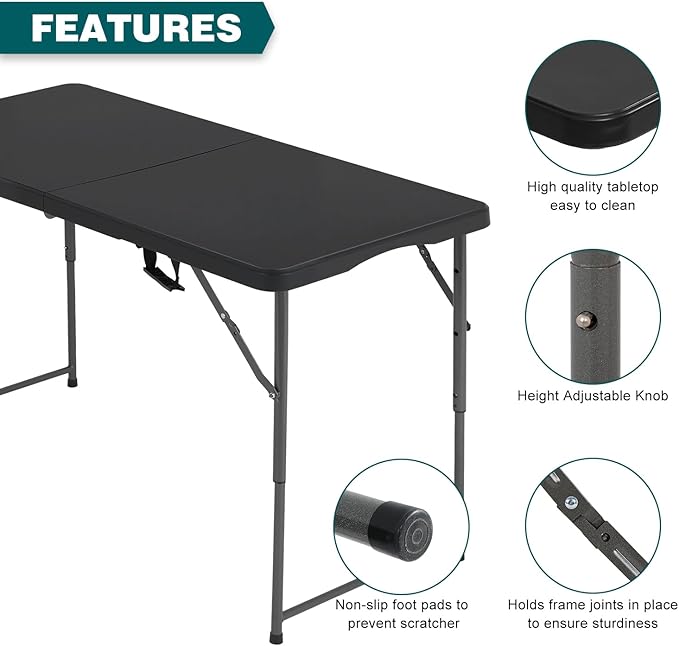 FDW 4 Foot Outdoor Dining Table, Foldable Portable Rectangular Plastic Folding Table with Built in Carrying Handle and Height Adjustable for Party and Wedding Use, Black