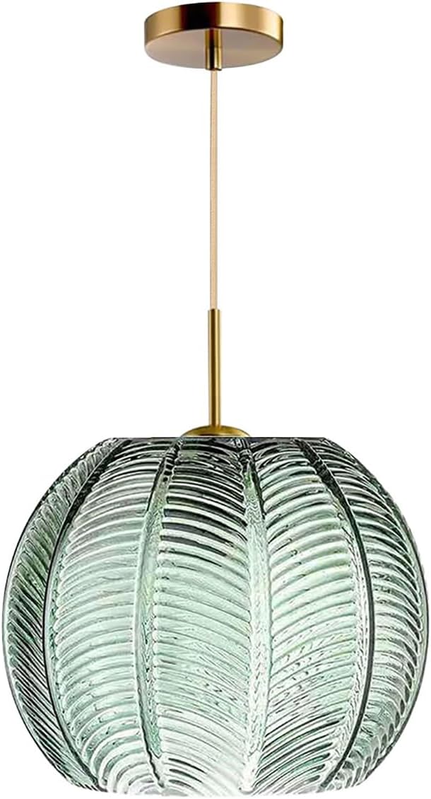 Green Pendant Light Fixtures Glass Globe Pendant Light Gold Modern Pendant Lighting with Ribbed Glass Shade Adjustable Hanging Lights for Kitchen Island Dining Bedroom Farmhouse