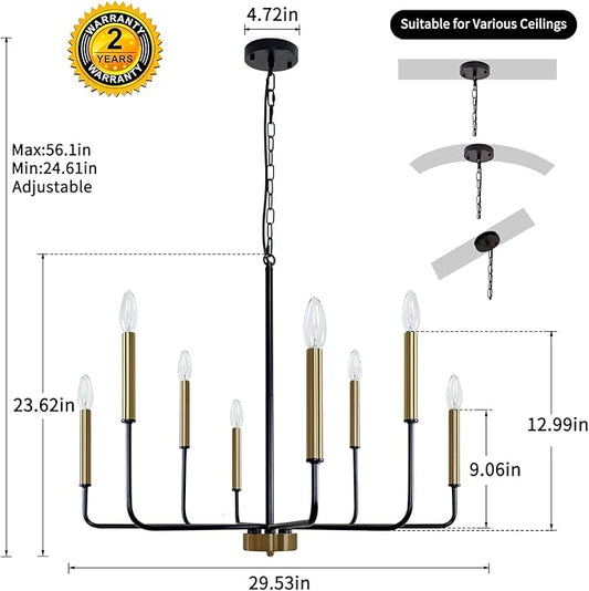 Black and Gold Chandelier: 8-Light 29.5 Inch Candle Style Chandeliers with Candelabra Arms - Modern Farmhouse Dining Room Light Fixture for Foyer Kitchen Island - E12 Base