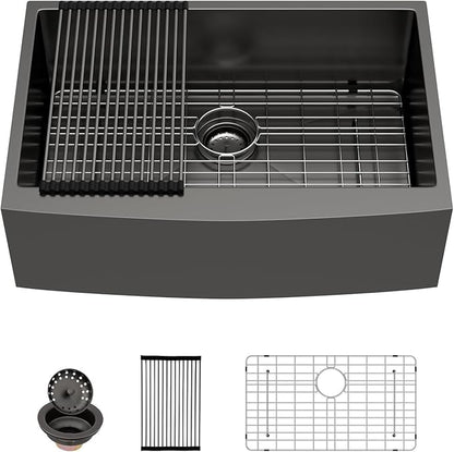 Sarlai Black Farmhouse Sink - 30 Inch Apron Front Kitchen Sink 30x22 Inch Farmhouse Kitchen Sinks Gunmetal Black Farmer Farm Stainless Steel 16 Gauge Sinks Deep Single Bowl Basin