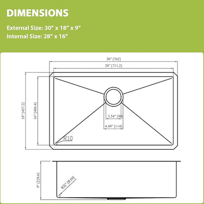30 Inch Undermount Kitchen Sink -30x18x9 Stainless Steel Sinks Single Bowl kitchen sinks 304 18 Gauge 9" Deep Basin