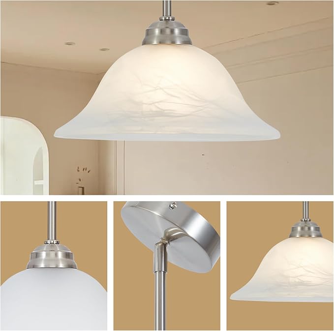 Modern Alabaster Glass Pendant Light Adjustable Rod Pendant Lighting Fixture for Kitchen Sink Bar Dining Room, 12“D (Brushed Nickel)