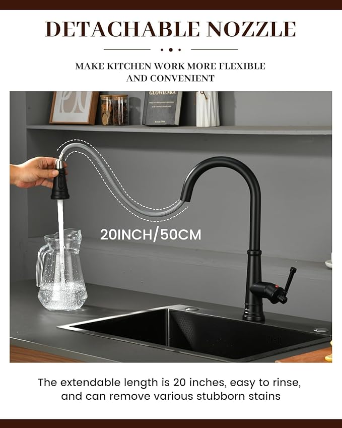 APPASO Vintage Black Kitchen Faucet with Pull-Down Sprayer, 1 or 3 Hole Kitchen Sink Faucets with Deck Plate, Stainless Steel High Arc Single-Handle Sink Faucet, CUPC-Certified Pull-Out Hose