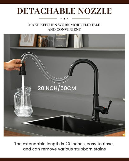 APPASO Vintage Black Kitchen Faucet with Pull-Down Sprayer, 1 or 3 Hole Kitchen Sink Faucets with Deck Plate, Stainless Steel High Arc Single-Handle Sink Faucet, CUPC-Certified Pull-Out Hose