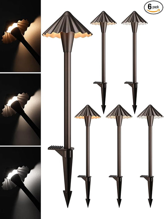 LEONLITE 3CCT Low Voltage Pathway Lights, LED Landscape Path Lights, 3000K/4000K/5000K, Ruffles Head, 12-24V AC/DC, IP65 Outdoor Walkway Light, Oil Rubbed Bronze Aluminum, Pack of 6