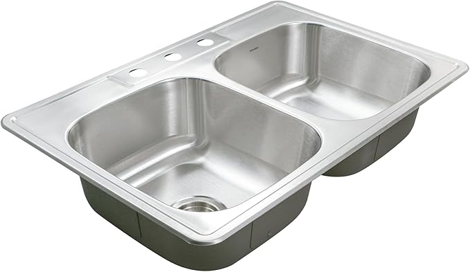 Houzer Glowtone Stainless Steel Kitchen Bar & Prep Sink - 33 Inch Drop-In Topmount 3-Hole 50/50 Double Bowl Sink, Durable & Versatile, Nested 36-Pack - 3322-8BS3-36