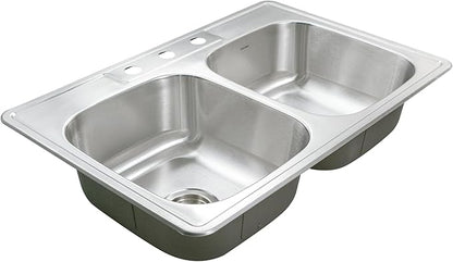 Houzer Glowtone Stainless Steel Kitchen Bar & Prep Sink - 33 Inch Drop-In Topmount 3-Hole 50/50 Double Bowl Sink, Durable & Versatile, Nested 36-Pack - 3322-8BS3-36