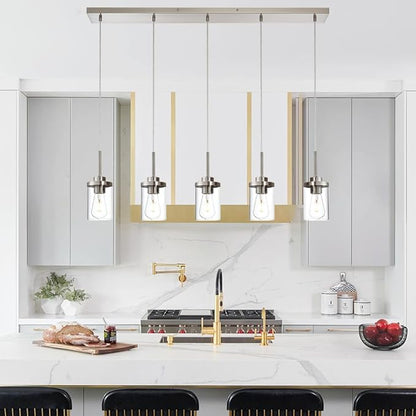 5 Lights Island Lights for Kitchen Modern Industrial Brushed Nickel Linear Chandeliers with Clear Glass Shade for Dining Room Kitchen Long Finish Ceiling Lighting Fixtures