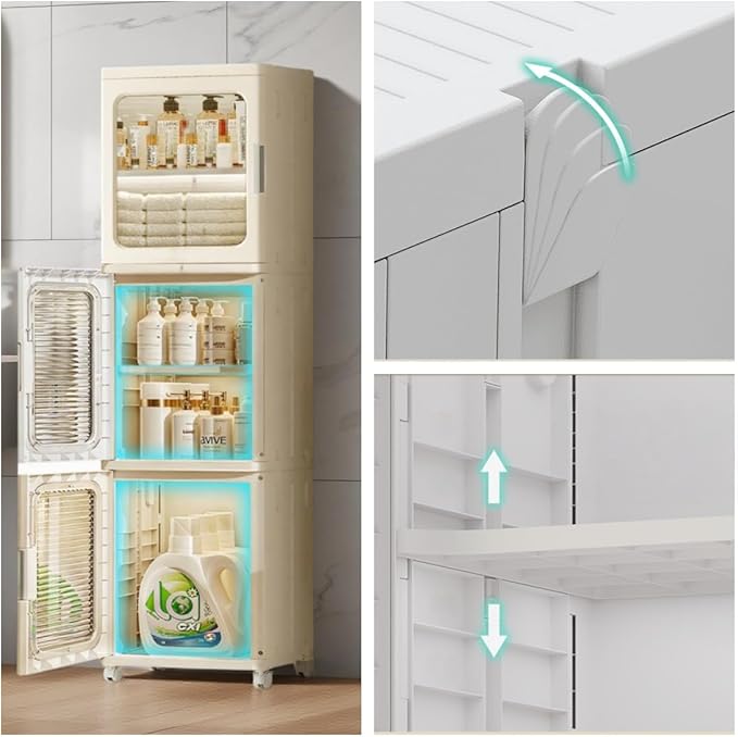 3-Tier Narrow Bathroom Storage Cabinet with Clear Doors and Adjustable Shelves, Plastic Slim Bathroom Organizers and Storage Small Spaces Pantry Kitchen Laundry Room Quick Assembly, Beige