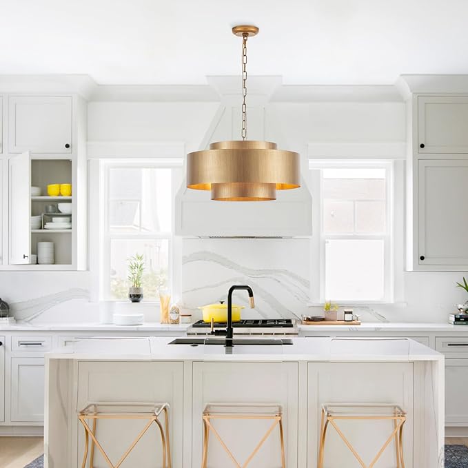 20” Brushed Brass Modern Chandelier Classic 3 Round Metal Pendant Light Contemporary Adjustable Industrial Pendant Light for Dining Room Kitchen Island Living Room Bedroom, UL Listed