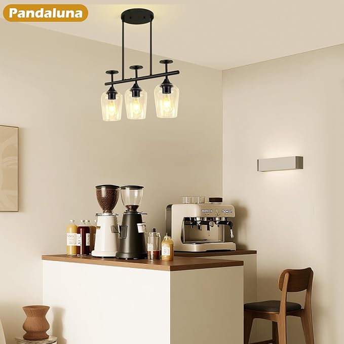 3-Light Pendant Lights Kitchen Island Lighting Fixtures Black Linear Chandelier Dining Room Light Fixture Ceiling Hanging Modern Kitchen Chandeliers Over Table with Clear Glass Shades