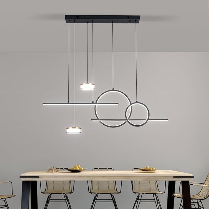 Modern Black LED Dining Room Light Fixture with Remote Control, 38.5" 38W 3-Color Temp Stepless Dimmable Island Pendant Lights, Hanging Adjustable Linear Chandelier for Kitchen Bar