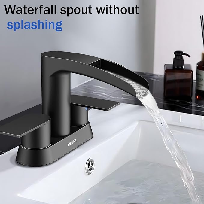 Bathroom Sink Faucet for 3 Hole, Hurran 4 Inch Bathroom Faucets with Pop-up Drain, Stainless Steel 2-Handle Waterfall Faucet for Bathroom Sink, Matte Black