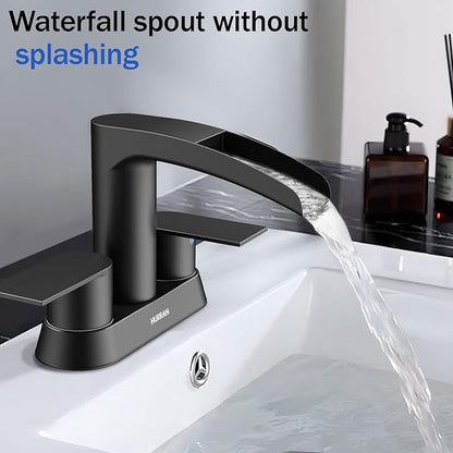 Bathroom Sink Faucet for 3 Hole, Hurran 4 Inch Bathroom Faucets with Pop-up Drain, Stainless Steel 2-Handle Waterfall Faucet for Bathroom Sink, Matte Black