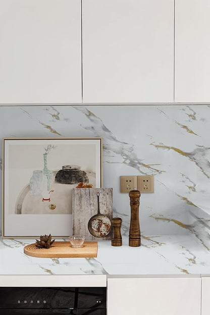 Abyssaly Marble Contact Paper White Gold Granite Peel and Stick Wallpaper for Countertop Self-Adhesive Thickening Wall Paper for Kitchen Bathroom and Furniture (11.8" x 78.7")