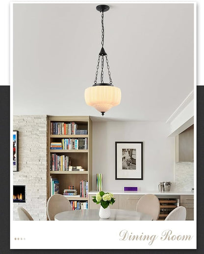 14 Inch Schoolhouse Pendant Light,Milk White Glass with Black Chain,Mid Century Modern Hanging Pendant Light,Vintage Light Fixture for Bedroom,Dining Room,Island,Hallway