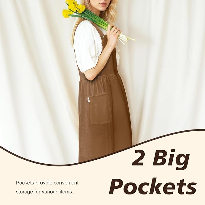 Cityelf Vintage Pinafore Apron Dress Snap Adjust Linen Cotton with Pockets Floral Aprons for Cooking Gardening