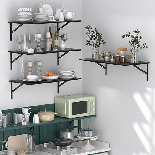 Deep Floating Shelves for Wall Set of 3, 24W x 12 Inch Deep Black Floating Shelves, Wide Floating Wall Mounted Shelves for Living Room, Kitchen, Office, Bedroom, Bathroom, Laundry Room