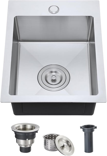 ROVOGO 13 x 18 Inch Drop-In Bar Sink, 304 Stainless Steel Single Bowl Kitchen Prep Sink with Faucet Hole, 6-Inch Depth Small Sink for RV, Basement & Wet Bar, Includes Drain Assembly - Brushed Finish