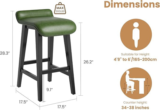 IDEALHOUSE 26.2" Solid Wood Bar Stools Set of 4, Counter Height Bar Stools with Wide PU Leather Upholstered Seat, Barstools Set for Kitchen Islands, Counter Bars, Green